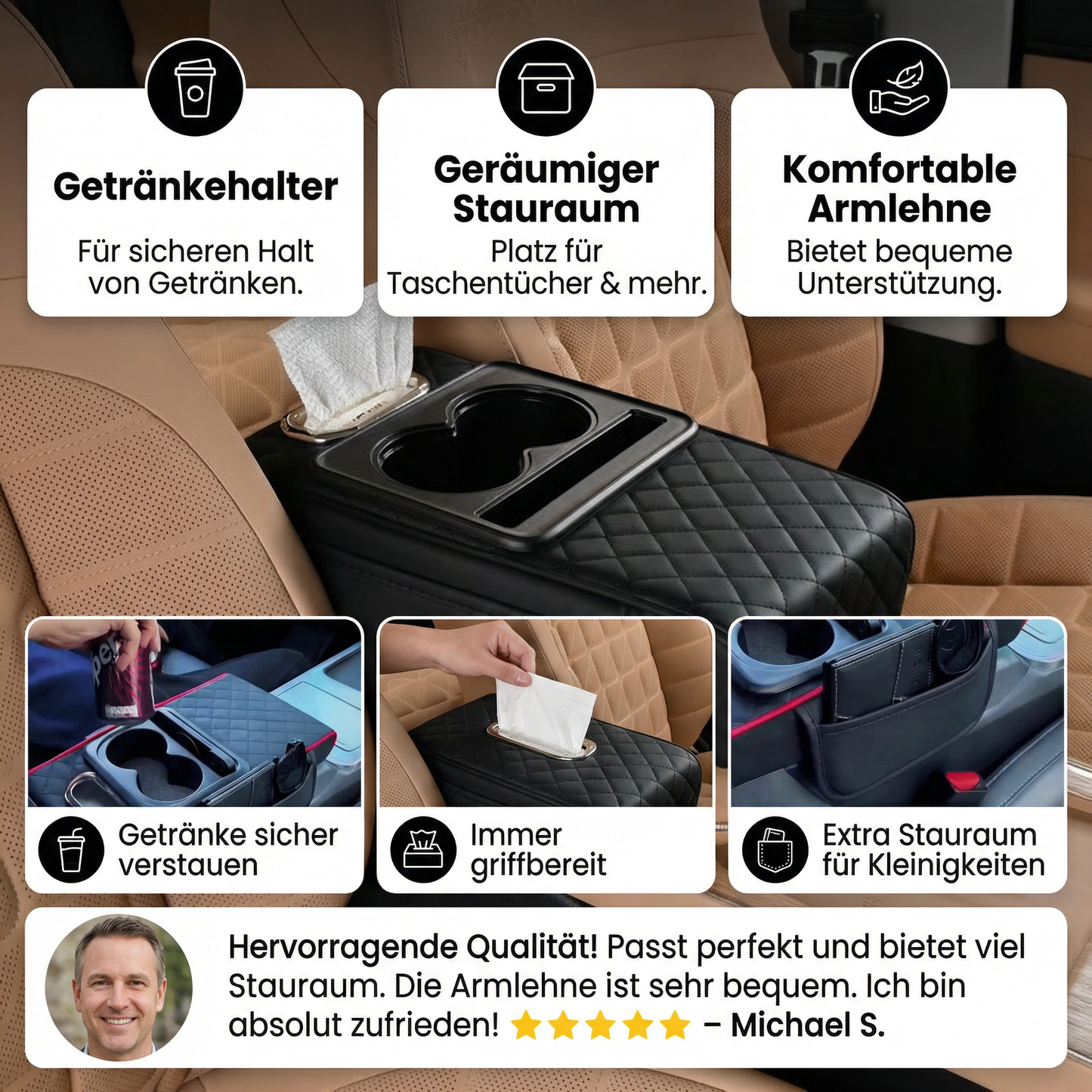 Multifunktionale Auto Armlehne mit Getränkehalter & Aufbewahrung