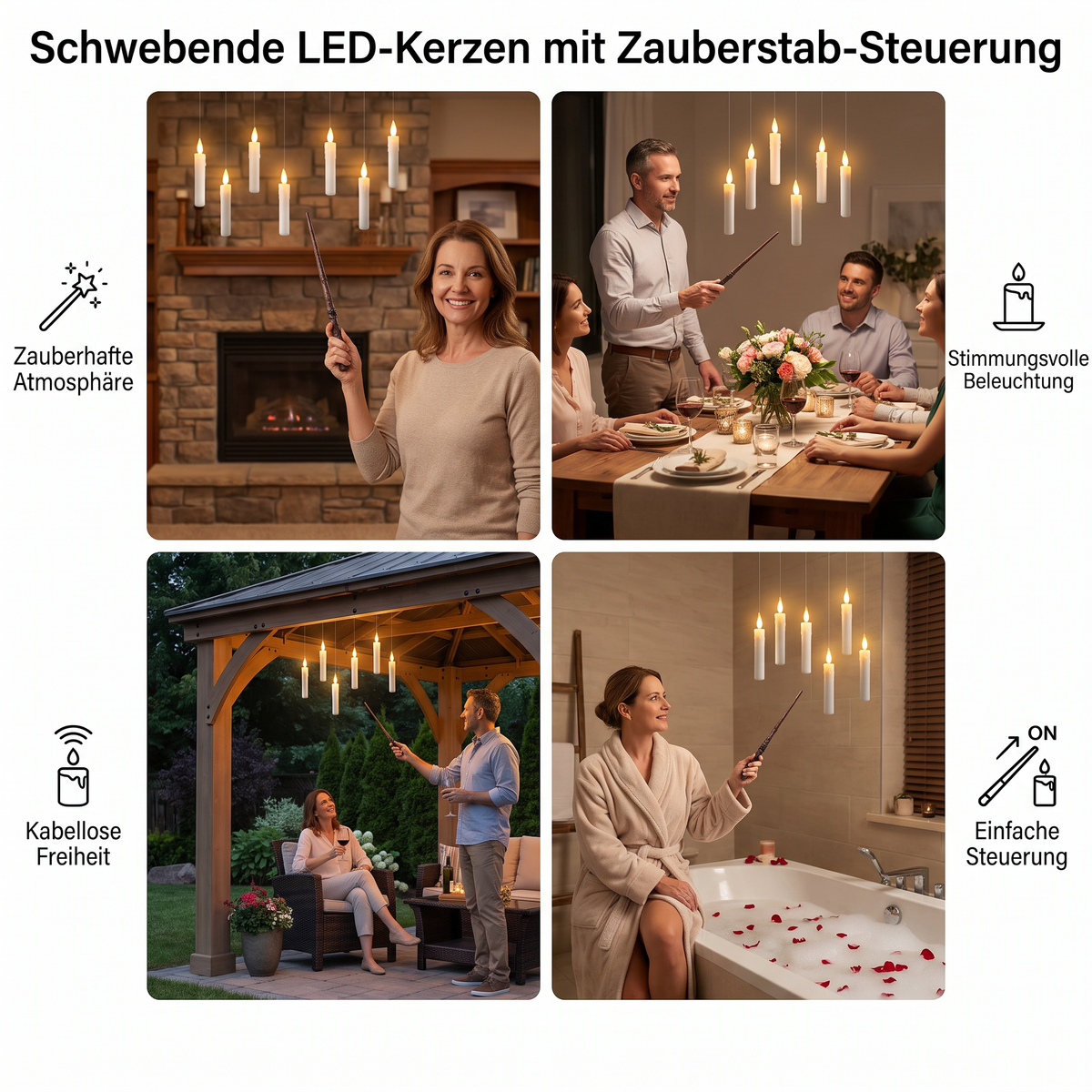 Schwebende LED-Kerzen mit Zauberstab-Steuerung