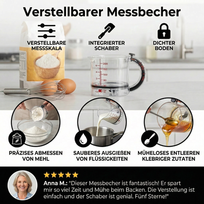 Verstellbarer Messbecher – Multifunktionaler Küchenhelfer mit Schaber und Dichtungsboden