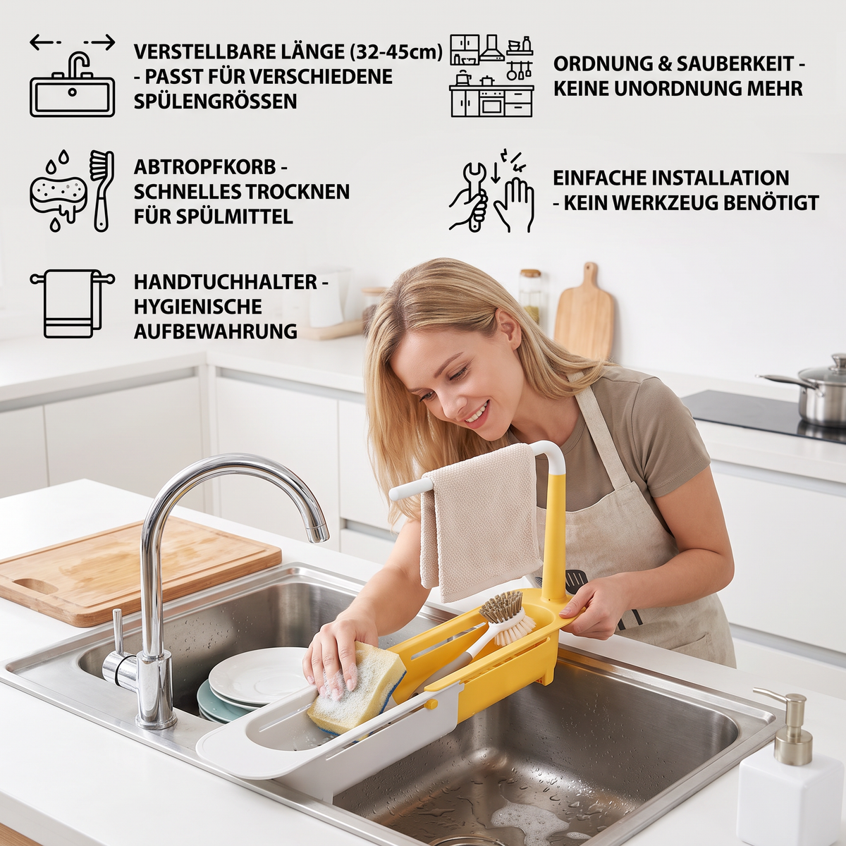 Verstellbarer Teleskop-Spülenorganizer mit Abtropfkorb & Handtuchhalter