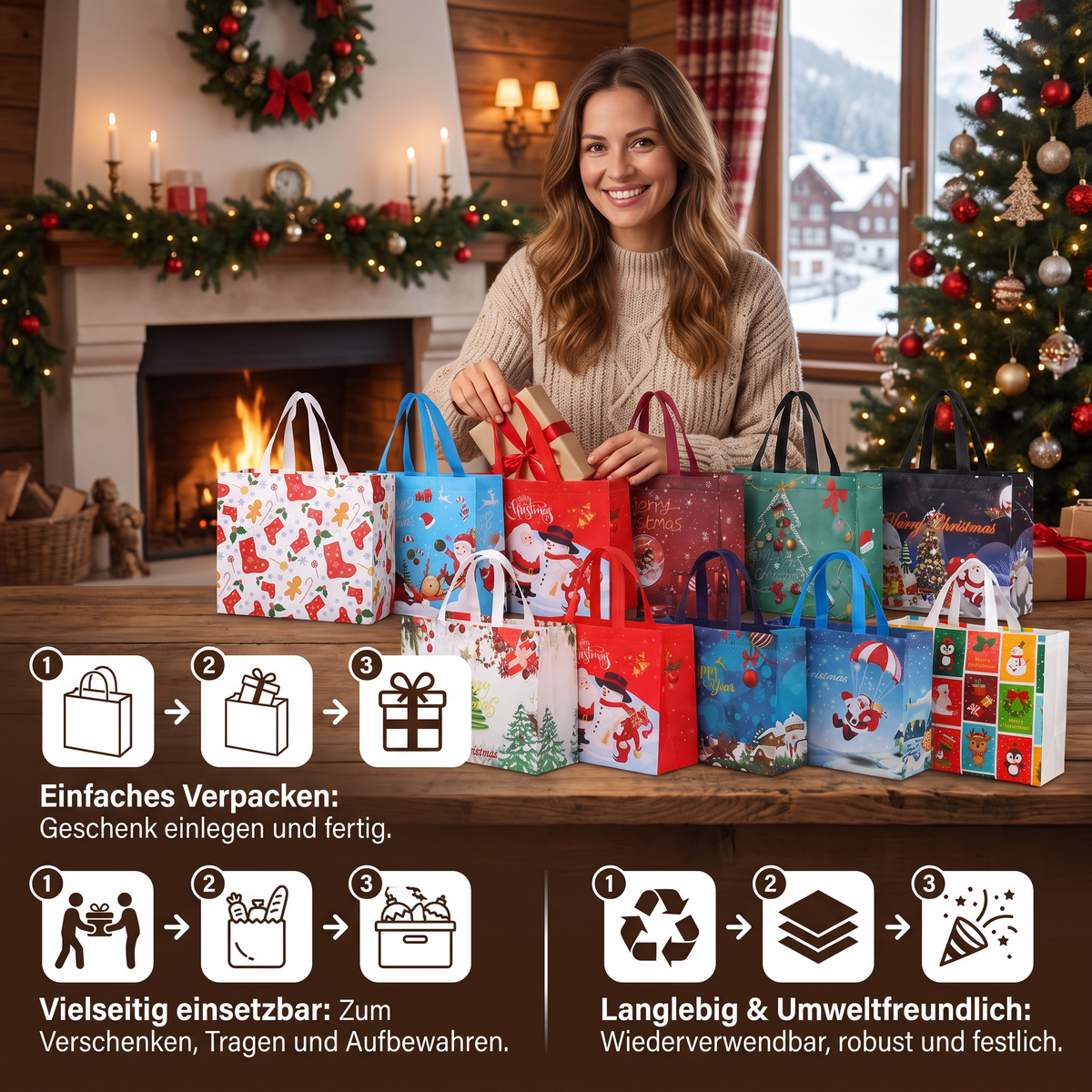 Wiederverwendbare Weihnachts-Geschenktaschen mit Griffen – Verschiedene festliche Designs