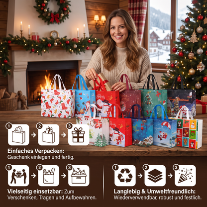 Wiederverwendbare Weihnachts-Geschenktaschen mit Griffen – Verschiedene festliche Designs