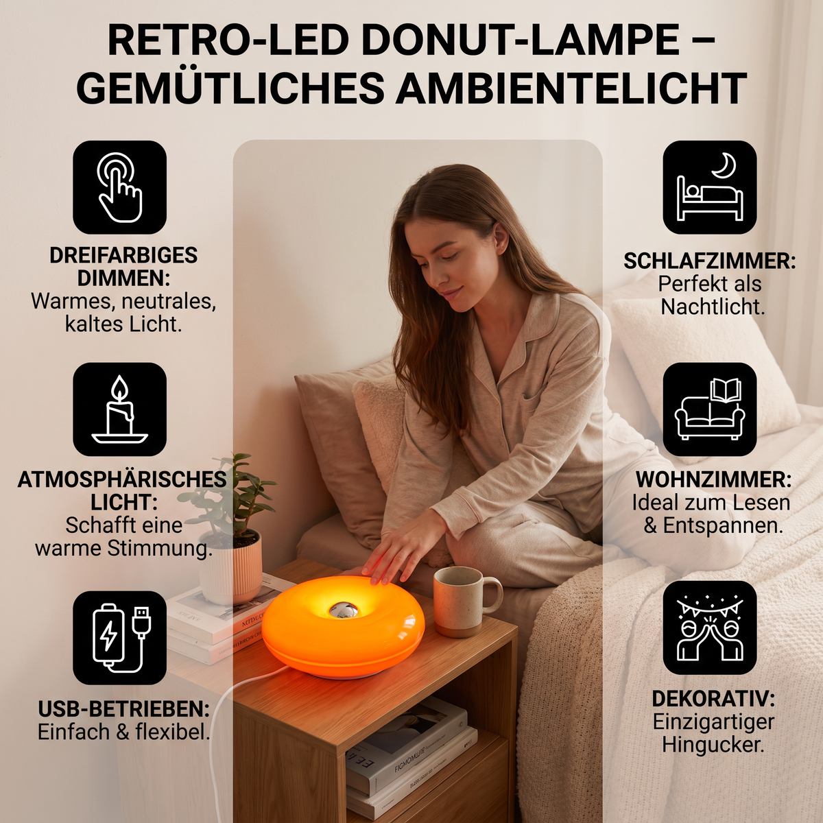 Retro-LED-Lampe in Donut-Form mit gemütlichem Ambientelicht