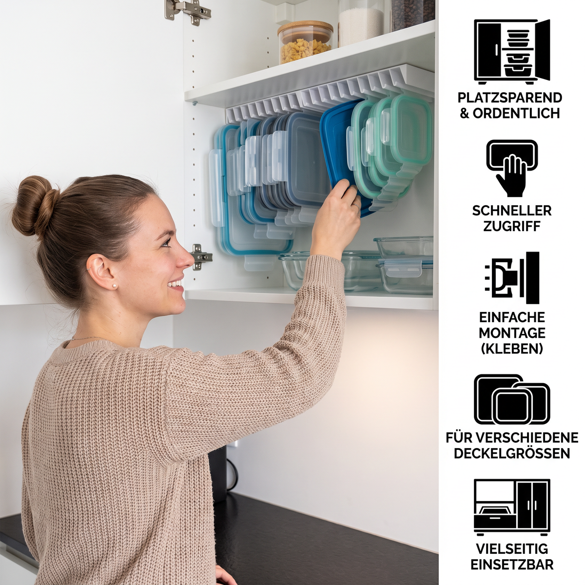 Platzsparender Organizer-Ständer für Tupperware-Deckel