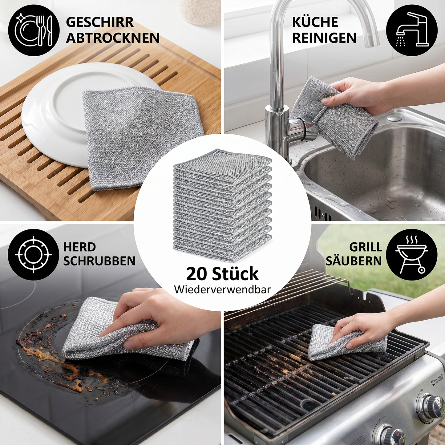 Mehrzweck Wiederverwendbare Reinigungstücher – Für Geschirr, Küche, Herd & Grill (20 Stück)