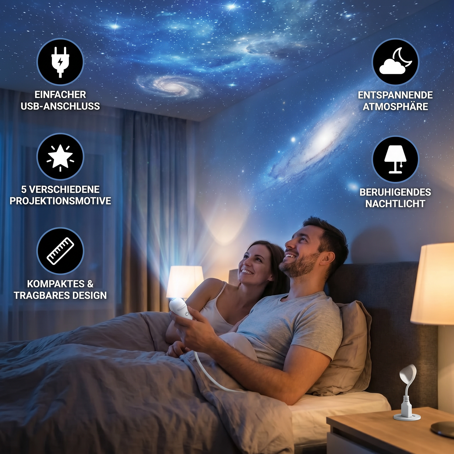 Moderne Sternenhimmel Lampe – USB Mini Projektor Nachtlicht für Schlafzimmer & entspannte Atmosphäre inkl. 5 Motiven