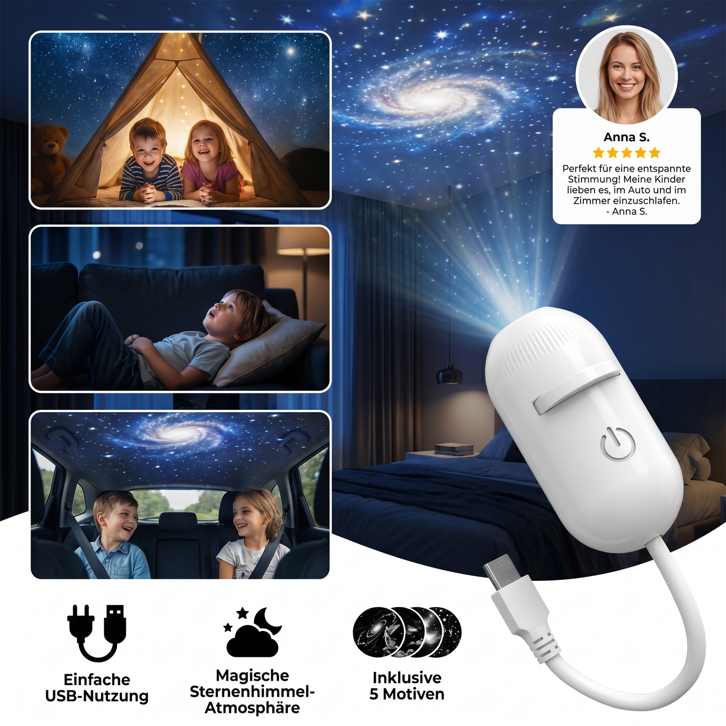 Moderne Sternenhimmel Lampe – USB Mini Projektor Nachtlicht für Schlafzimmer & entspannte Atmosphäre inkl. 5 Motiven