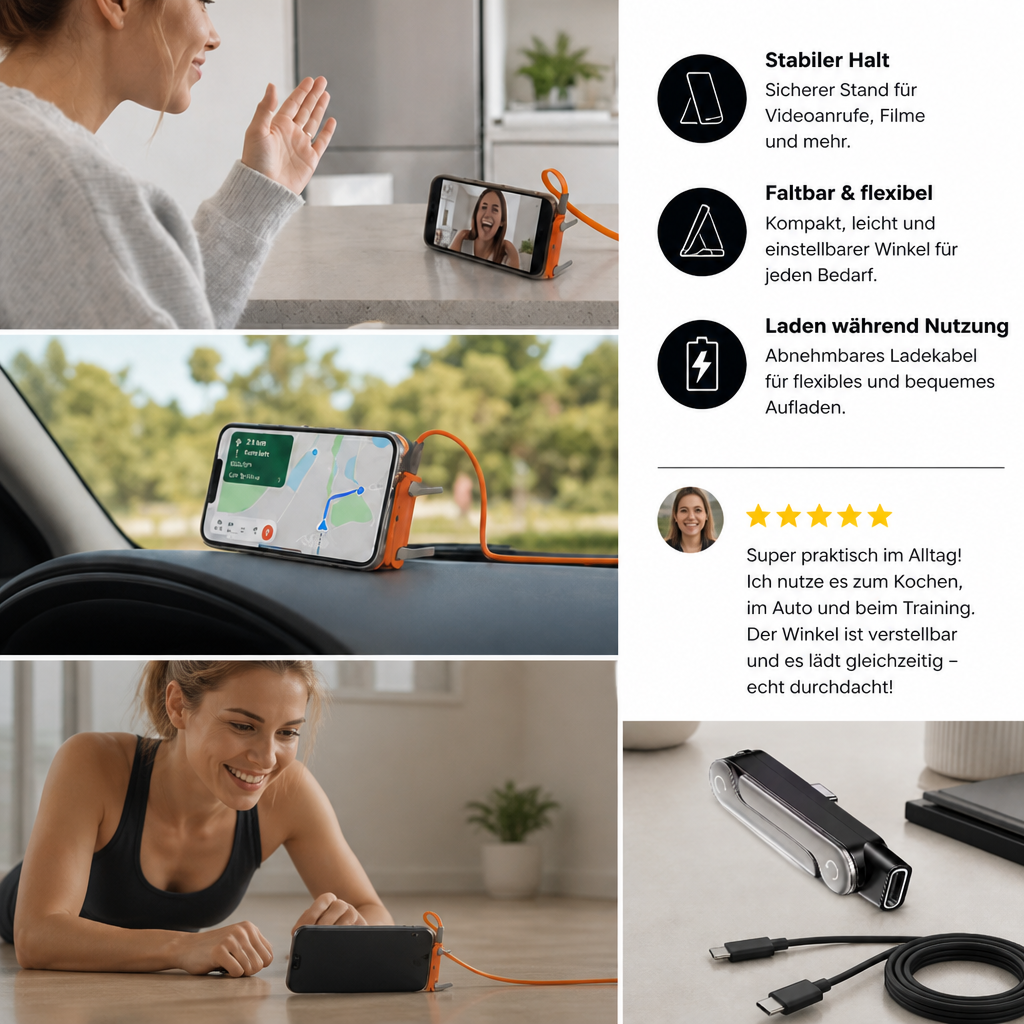 2-in-1 robuster & faltbarer Handyhalter mit abnehmbarem USB-C-Ladekabel