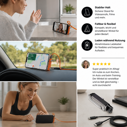 2-in-1 robuster & faltbarer Handyhalter mit abnehmbarem USB-C-Ladekabel