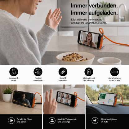 2-in-1 robuster & faltbarer Handyhalter mit abnehmbarem USB-C-Ladekabel