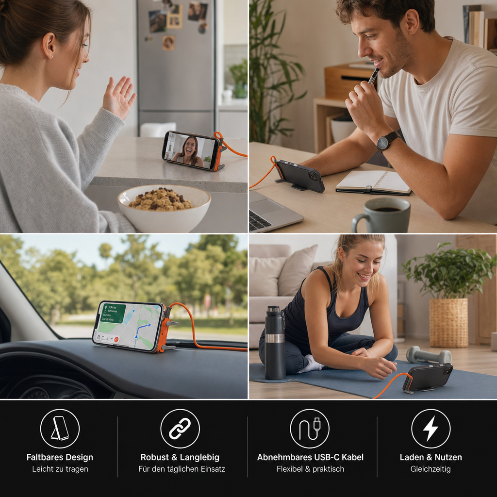 2-in-1 robuster & faltbarer Handyhalter mit abnehmbarem USB-C-Ladekabel