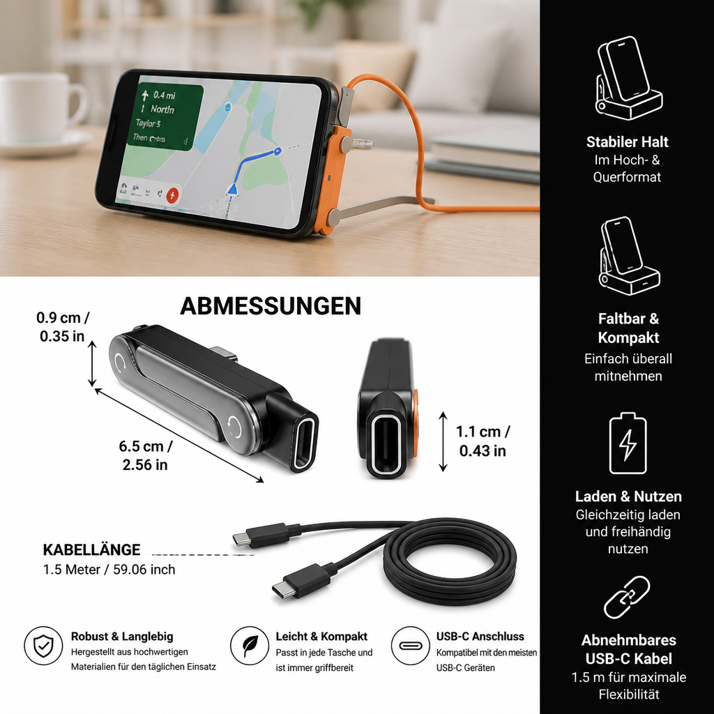 2-in-1 robuster & faltbarer Handyhalter mit abnehmbarem USB-C-Ladekabel