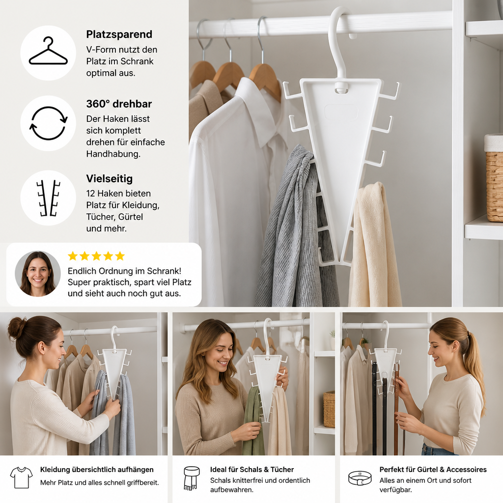 V-förmiger platzsparender Kleiderschrank-Organizer mit 12 Haken & 360° drehbarem Bügel