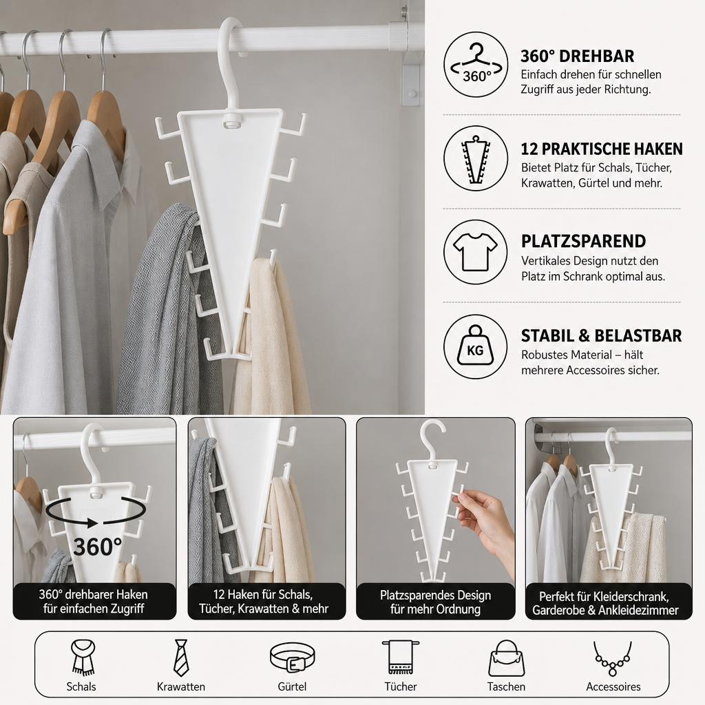 V-förmiger platzsparender Kleiderschrank-Organizer mit 12 Haken & 360° drehbarem Bügel
