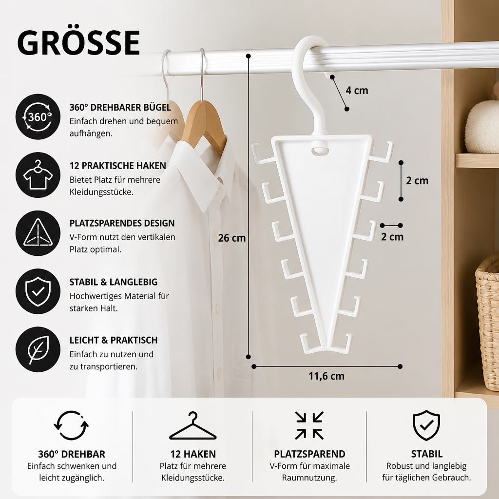 V-förmiger platzsparender Kleiderschrank-Organizer mit 12 Haken & 360° drehbarem Bügel