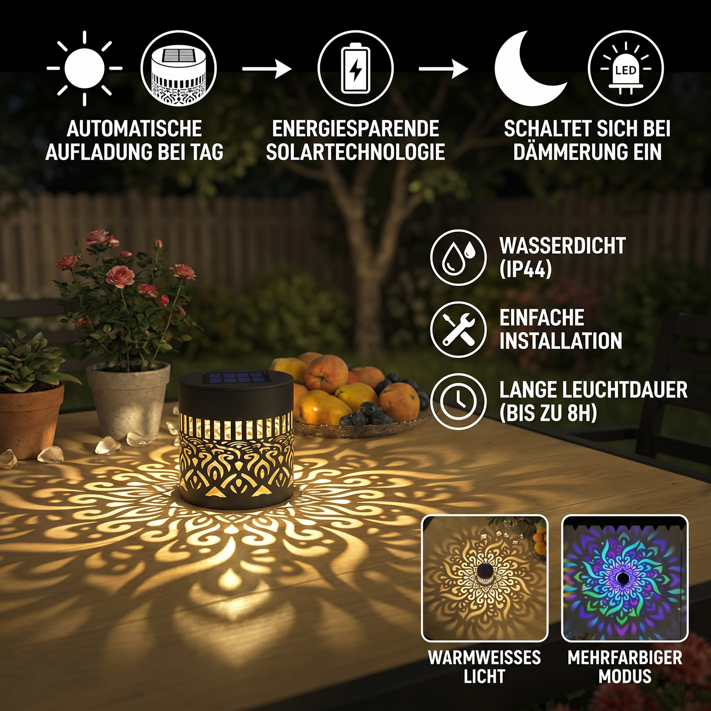 Farbenfrohe Solar-Mandala-Gartenleuchte – Wasserdichte LED-Wandprojektionslaterne für den Außenbereich