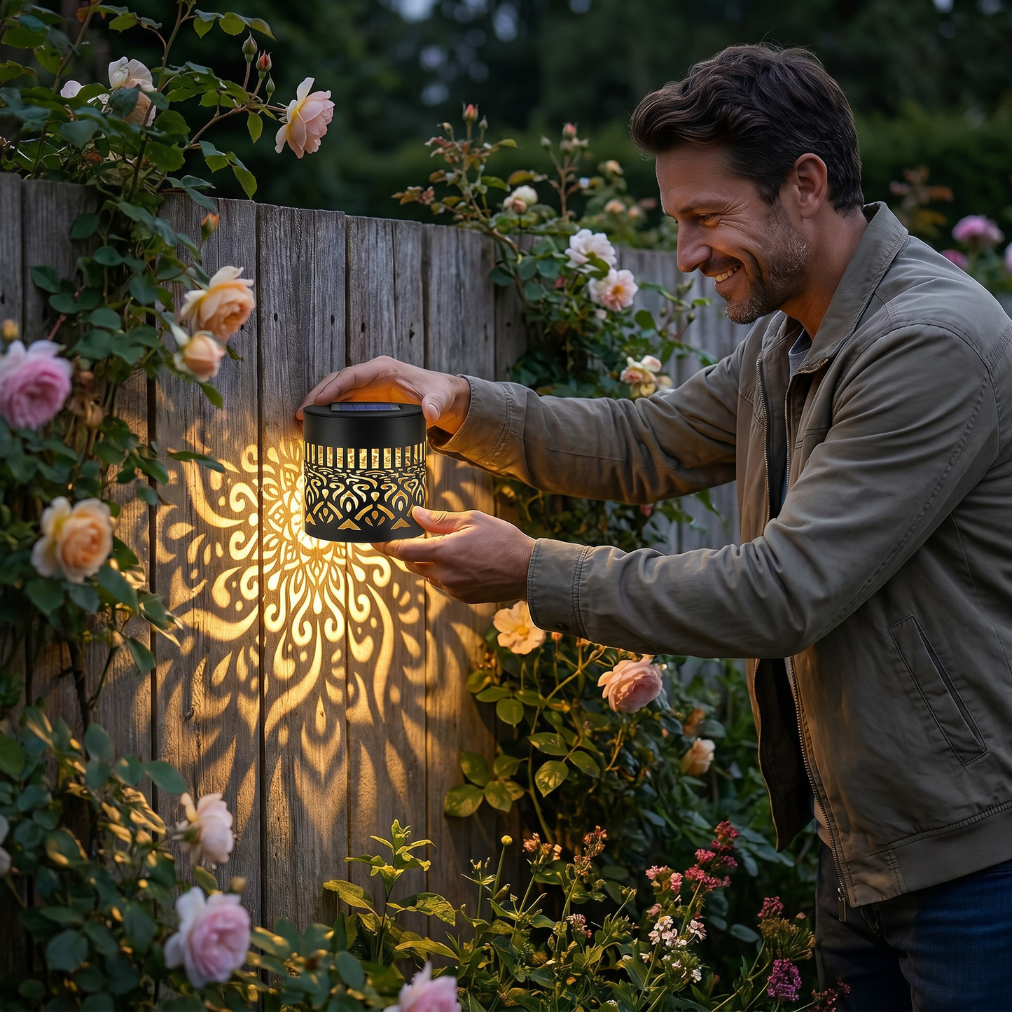 Farbenfrohe Solar-Mandala-Gartenleuchte – Wasserdichte LED-Wandprojektionslaterne für den Außenbereich