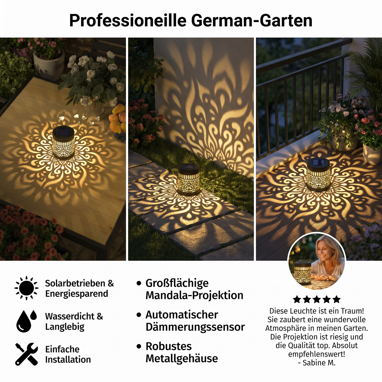 Farbenfrohe Solar-Mandala-Gartenleuchte – Wasserdichte LED-Wandprojektionslaterne für den Außenbereich