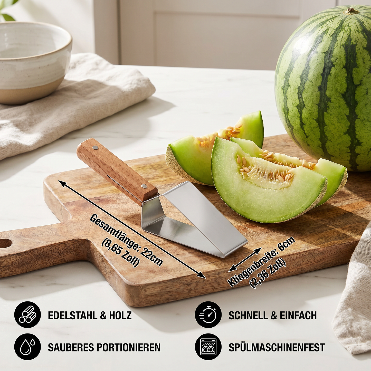 Wassermelonen-Schneider aus Edelstahl mit Holzgriff – Sauberes & schnelles Portionieren
