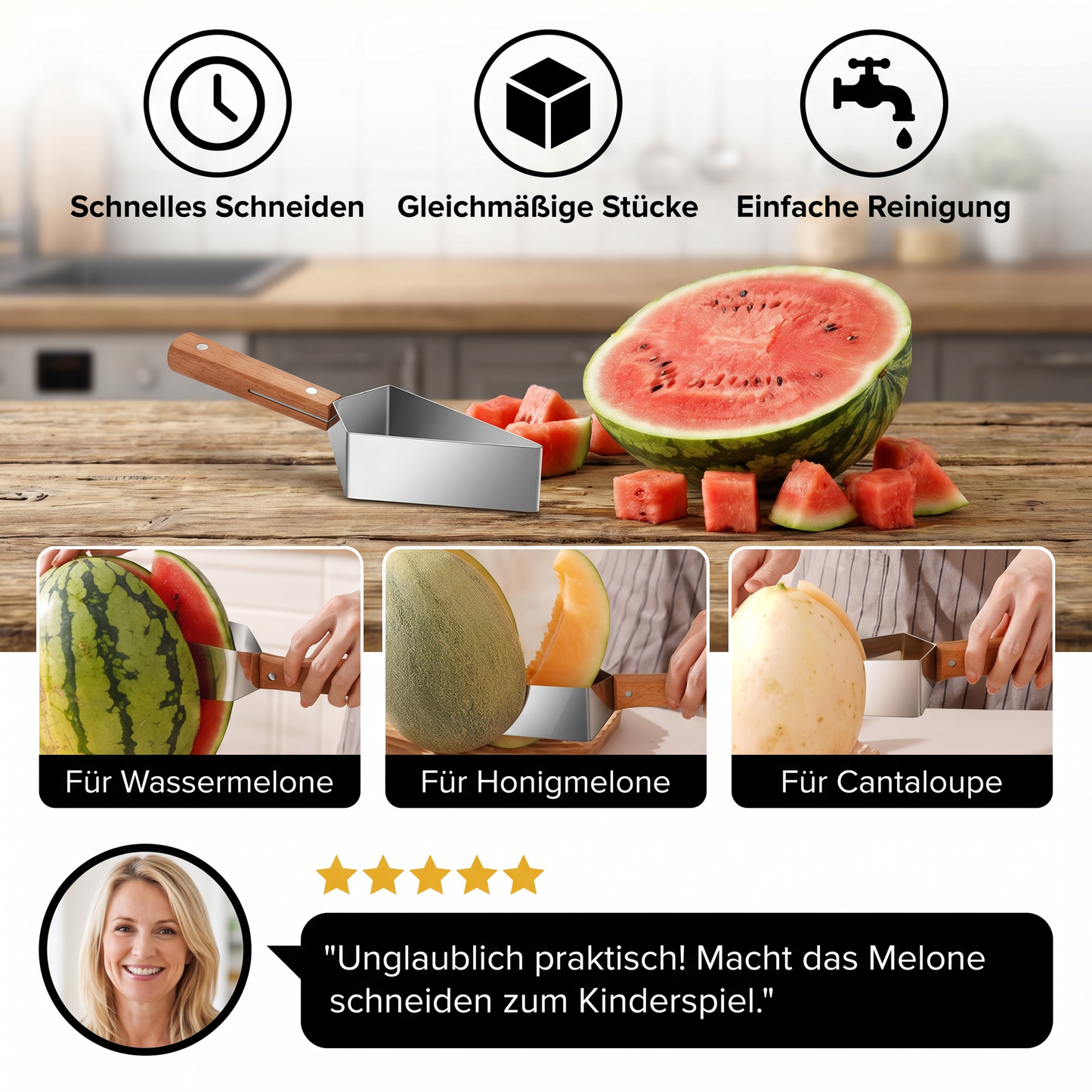 Wassermelonen-Schneider aus Edelstahl mit Holzgriff – Sauberes & schnelles Portionieren