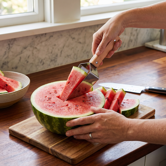 Wassermelonen-Schneider aus Edelstahl mit Holzgriff – Sauberes & schnelles Portionieren