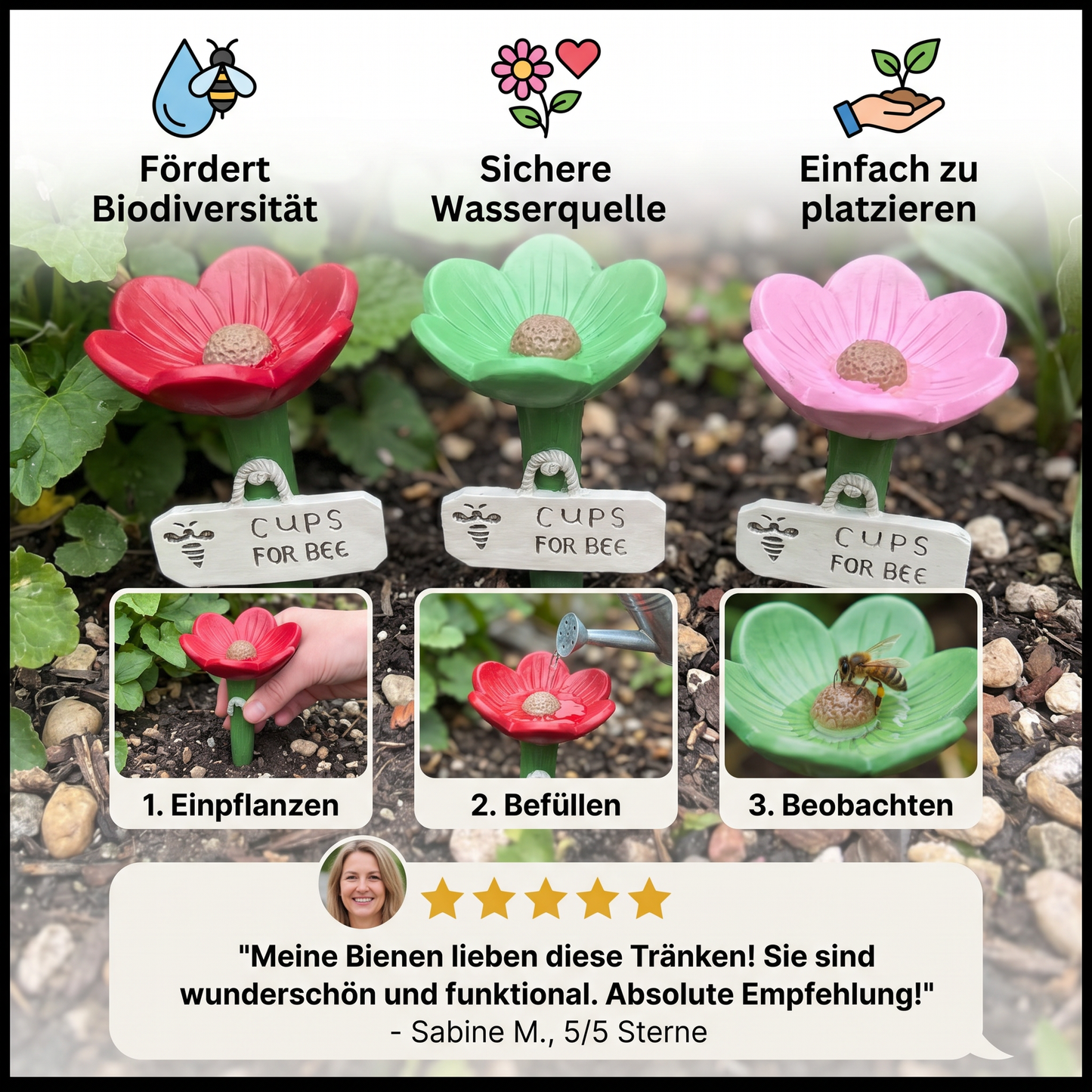 Blumenförmige Bienen-Tränke - Bunte Wasserspender für den Garten