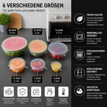 6-teiliges Silikon-Stretchdeckel-Set – Wiederverwendbare BPA-freie Frischhalteabdeckungen