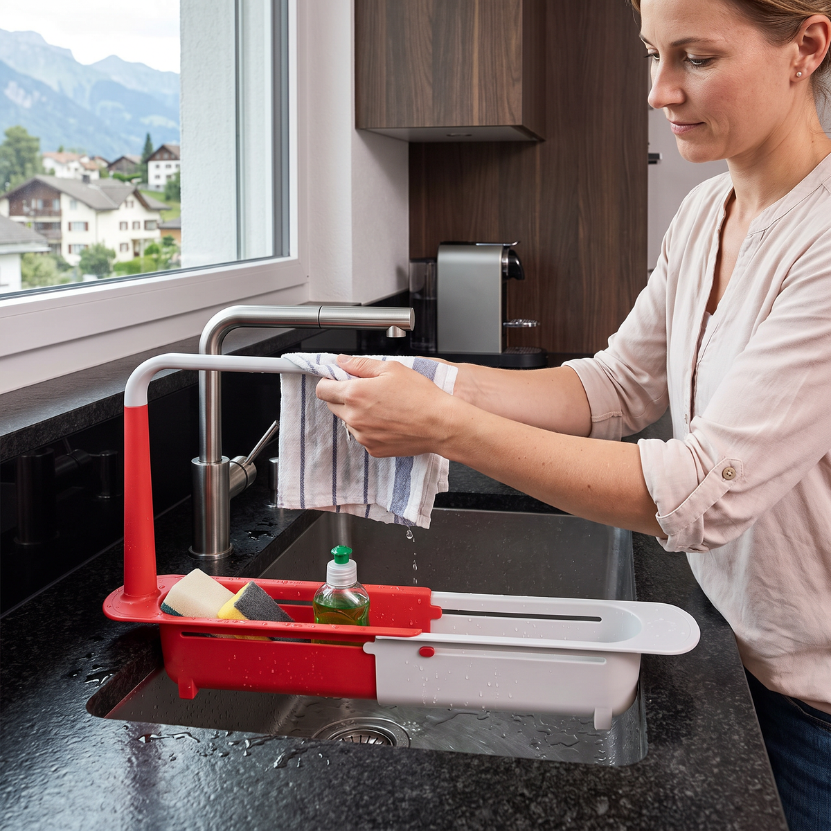 Verstellbarer Teleskop-Spülenorganizer mit Abtropfkorb & Handtuchhalter