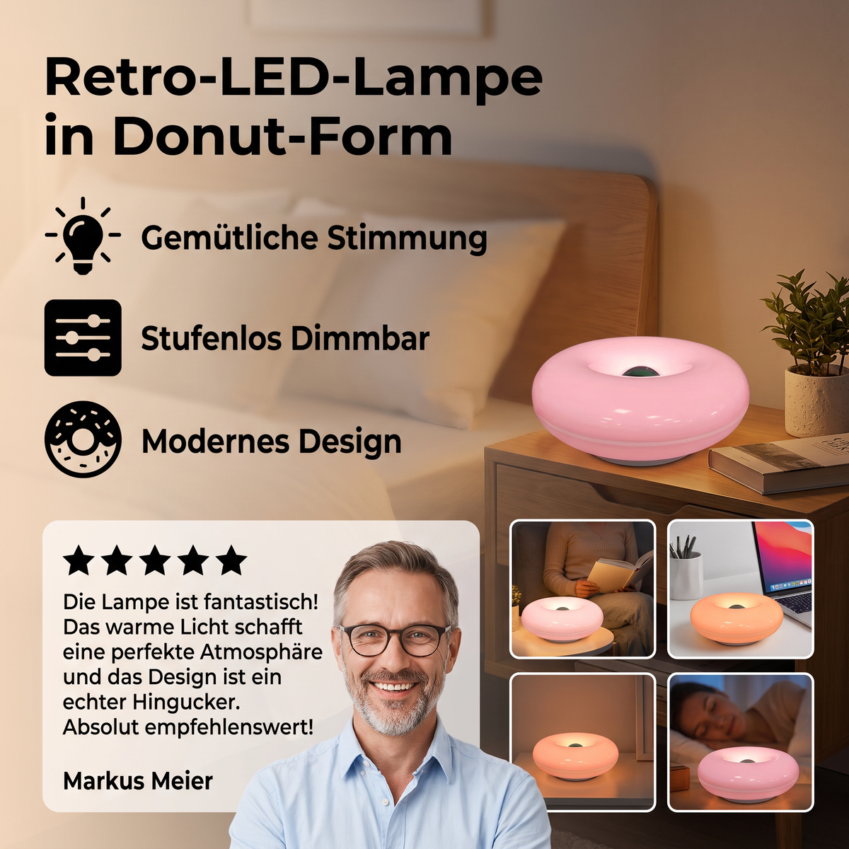 Retro-LED-Lampe in Donut-Form mit gemütlichem Ambientelicht