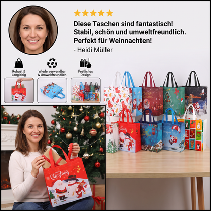 Wiederverwendbare Weihnachts-Geschenktaschen mit Griffen – Verschiedene festliche Designs