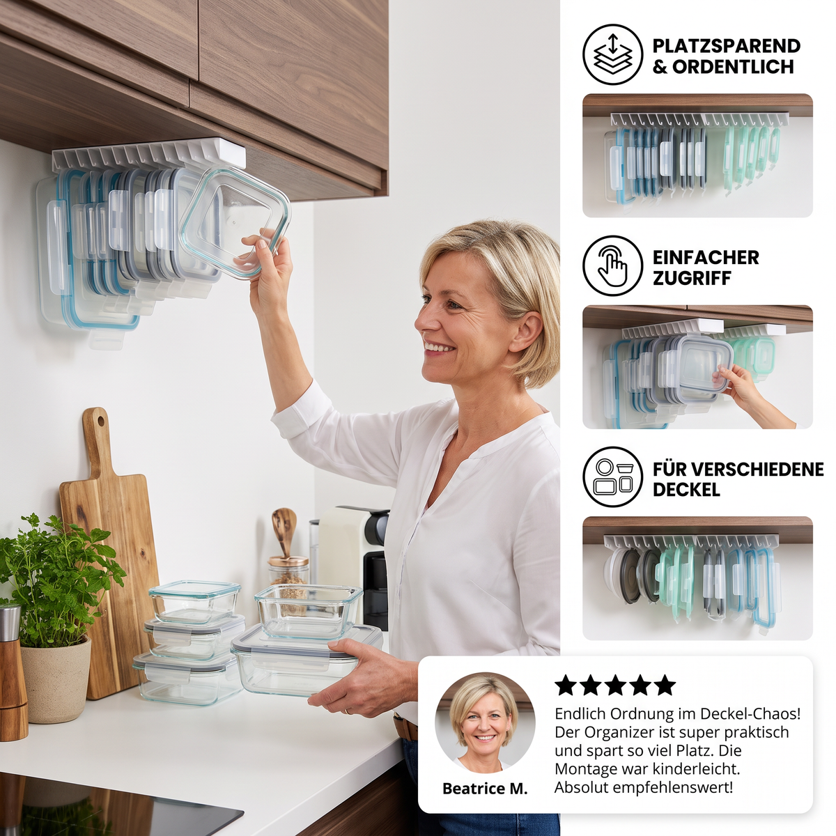Platzsparender Organizer-Ständer für Tupperware-Deckel