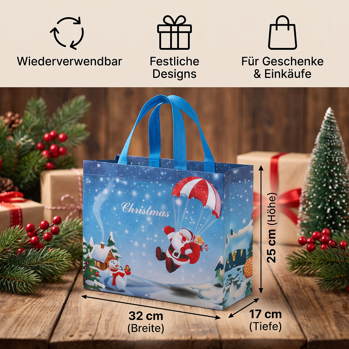 Wiederverwendbare Weihnachts-Geschenktaschen mit Griffen – Verschiedene festliche Designs