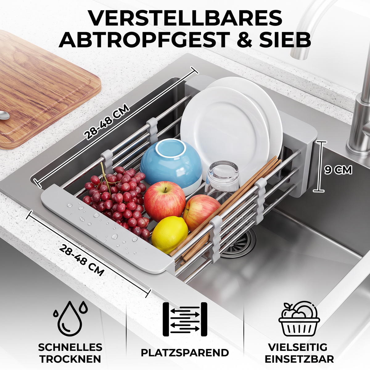 Verstellbares Abtropfgestell über der Spüle & Abtropfsieb für Obst und Gemüse