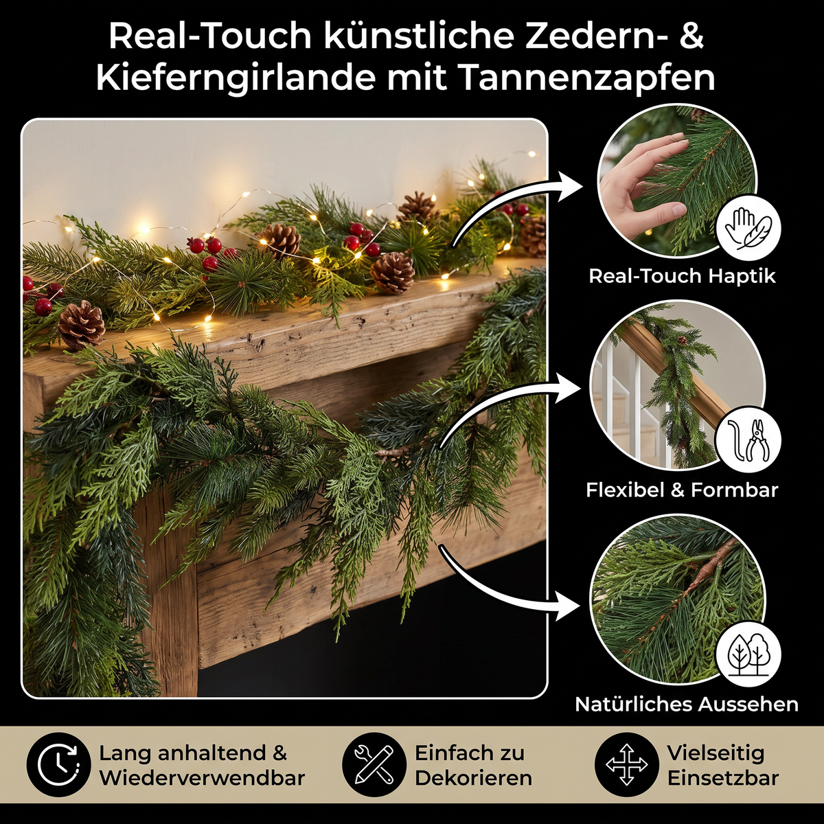 Real-Touch künstliche Zedern- & Kieferngirlande mit Tannenzapfen – Weihnachtsdekoration