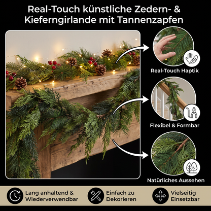 Real-Touch künstliche Zedern- & Kieferngirlande mit Tannenzapfen – Weihnachtsdekoration