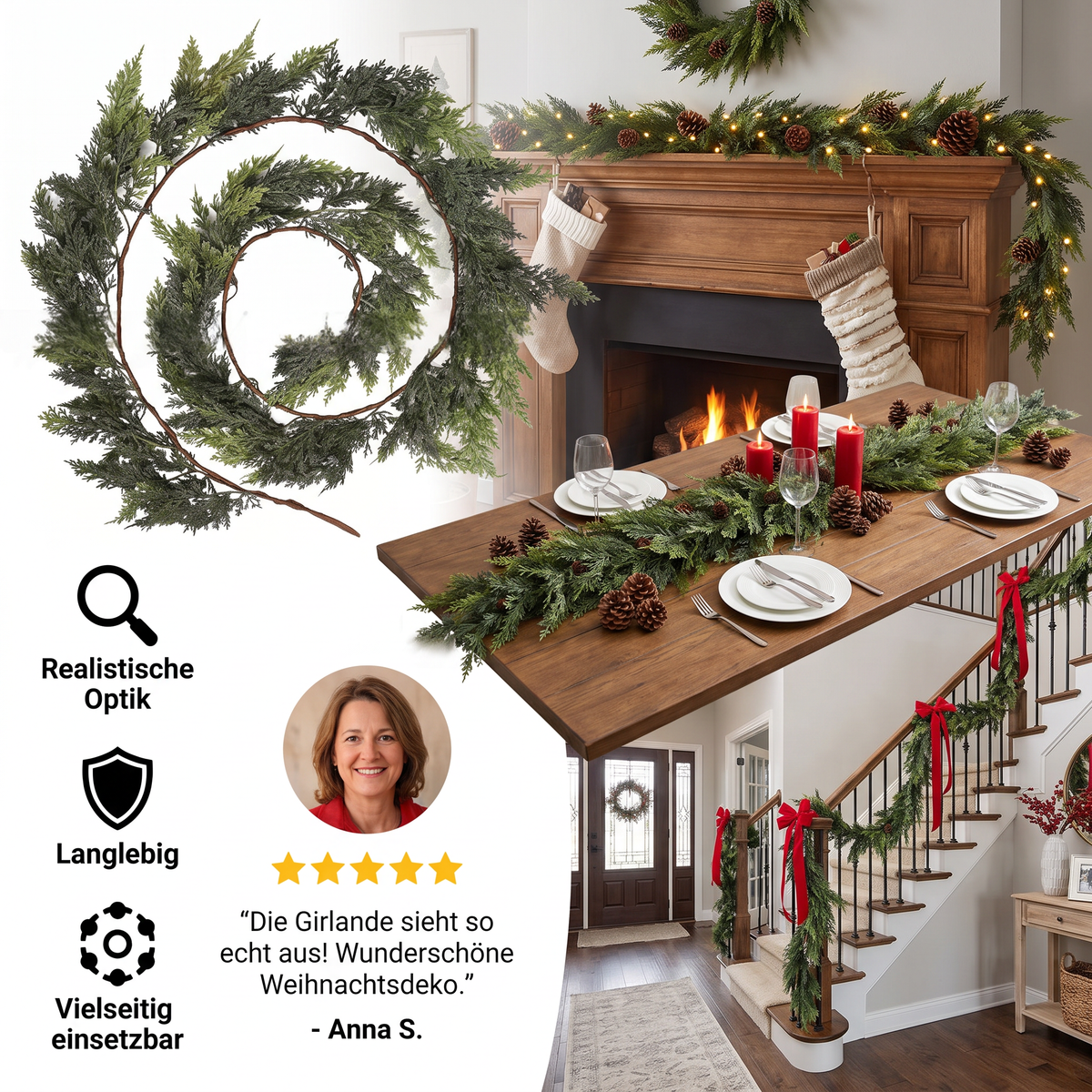 Real-Touch künstliche Zedern- & Kieferngirlande mit Tannenzapfen – Weihnachtsdekoration