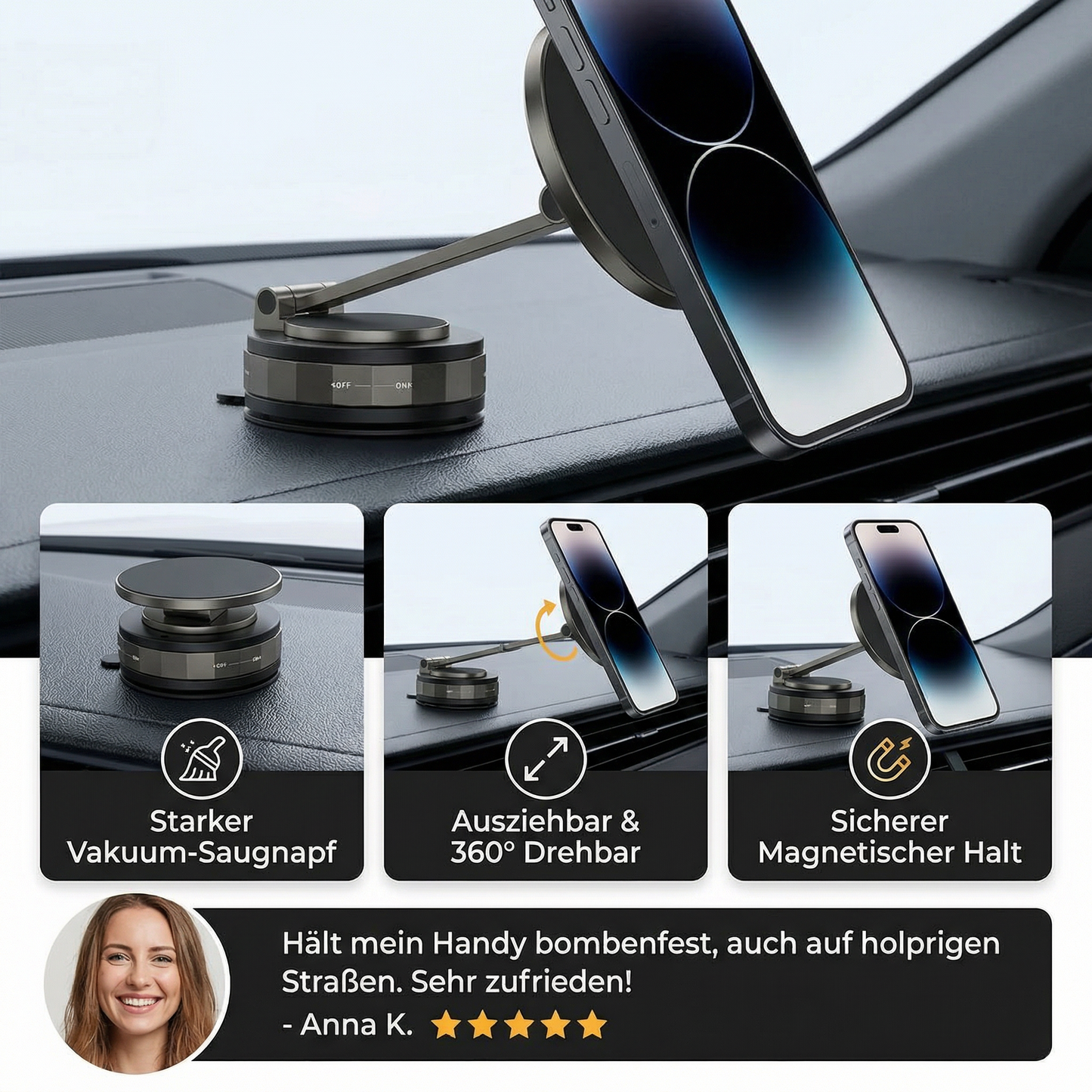 Magnetischer Saugnapf - Ausziehbarer 360° Telefonhalter mit Vakuumverschluss
