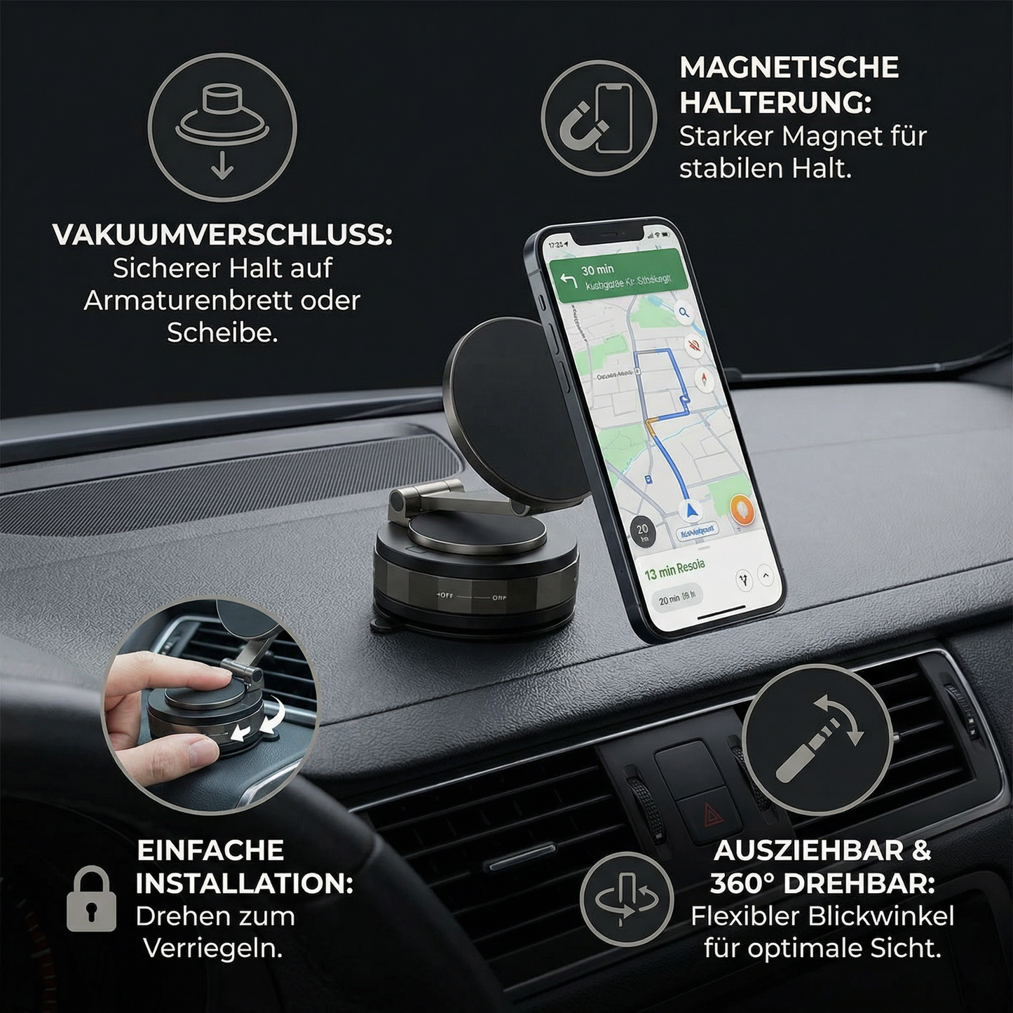 Magnetischer Saugnapf - Ausziehbarer 360° Telefonhalter mit Vakuumverschluss