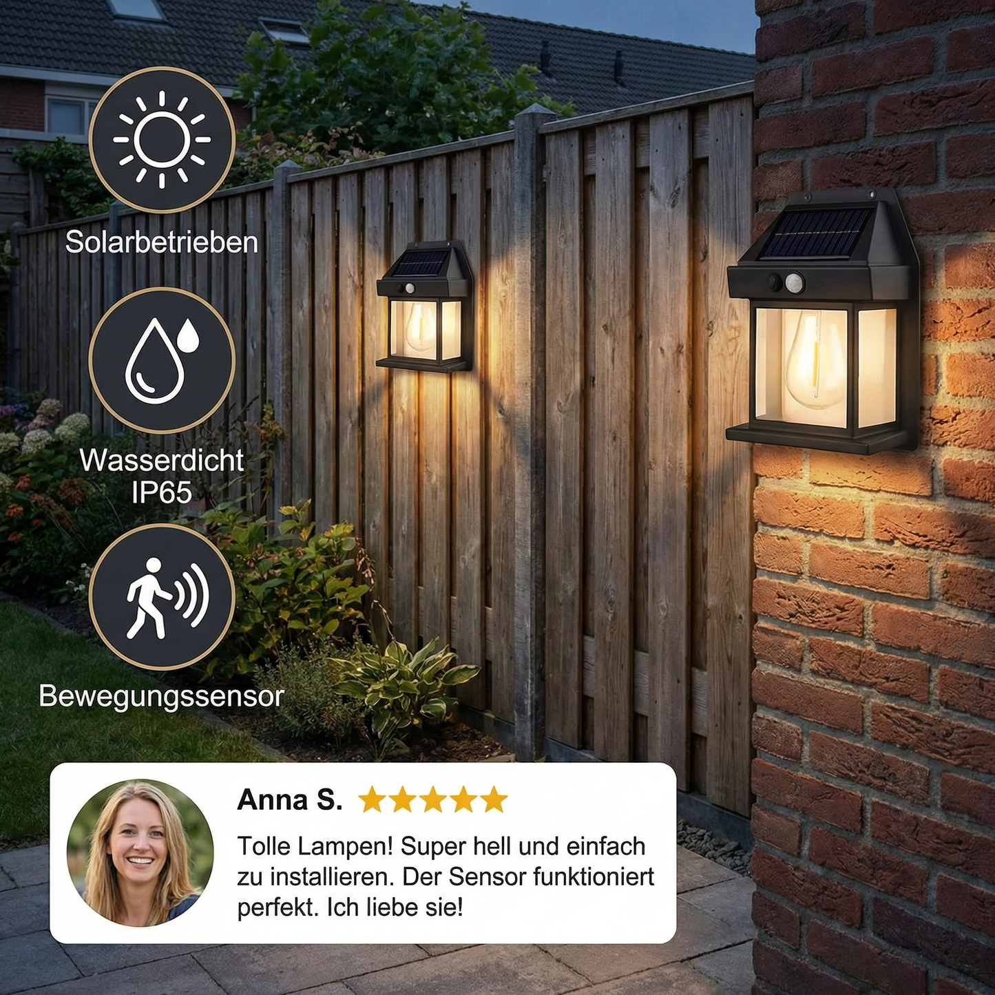 Solar LED-Wandleuchte – Wasserdichte Außenlampe mit Lichtsensor für Garten, Hof und Zaun (2 Stück)