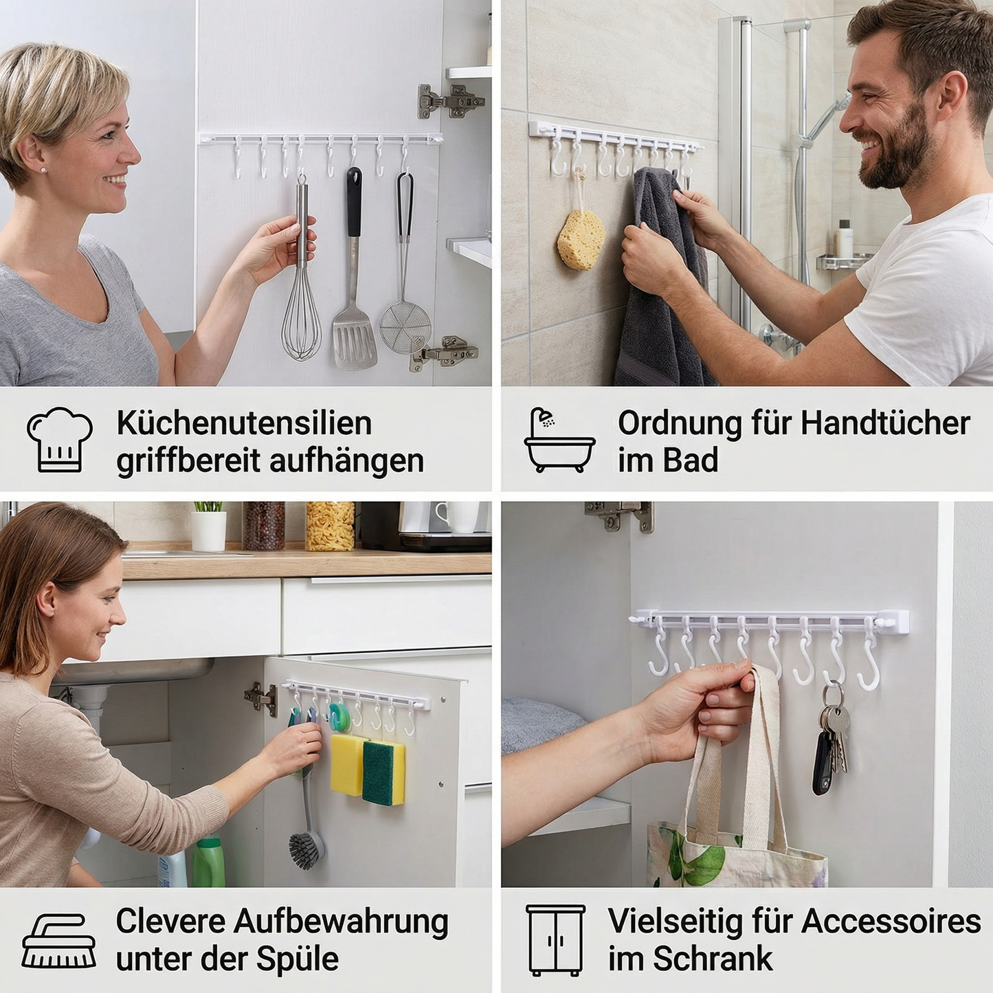 Selbstklebende Hakenleiste für Küche und Bad - Starker Halt ohne Bohren (2 Stk.)