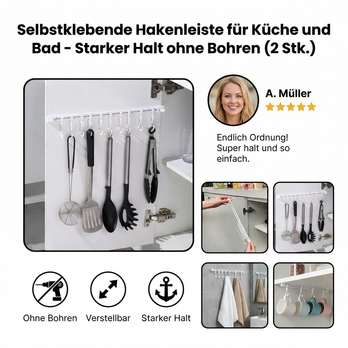 Selbstklebende Hakenleiste für Küche und Bad - Starker Halt ohne Bohren (2 Stk.)