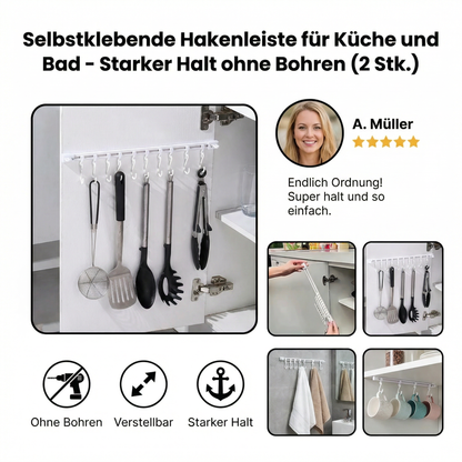 Selbstklebende Hakenleiste für Küche und Bad - Starker Halt ohne Bohren (2 Stk.)